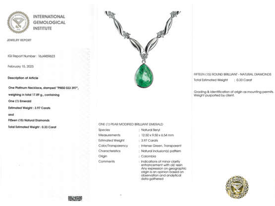 Kette: hochfeines Platincollier mit zertifiziertem kolumbianischen Smaragd "Minor" von 3,97ct, IGI Report - фото 4