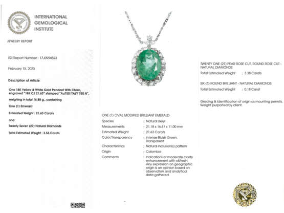 Kette/Anhänger: sehr hochwertiger Smaragdschmuck, columbianischer Smaragd von 21.63ct, IGI Report - Foto 4