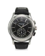 Calendrier annuel. PATEK PHILIPPE, REF. 5905P-010, A FINE PLATINUM ANNUAL CALENDAR FLYBACK CHRONOGRAPH WRISTWATCH WITH DAY/NIGHT INDICATOR AND BLACK DIAL