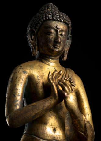 Stehende feuervergoldete Bronze des Buddha Shakyamuni - Foto 3