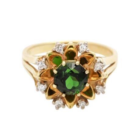 Damenring mit 1 grünen Turmalin und 8 Achtkantdiamanten - Foto 1