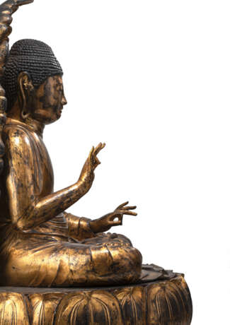 Sehr große Holzfigur des Buddha Shakyamuni mit goldener und schwarzer Lackfassung - photo 2
