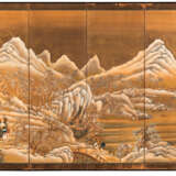 Sechsteiliger Faltschirm mit einer Winterlandschaft und Reitern auf Goldfond - photo 1