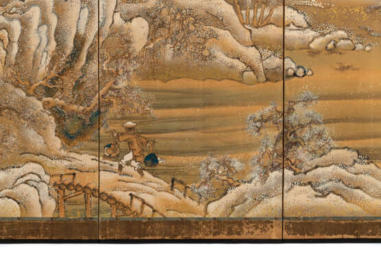 Sechsteiliger Faltschirm mit einer Winterlandschaft und Reitern auf Goldfond - фото 3