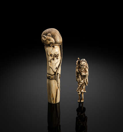 Netsuke eines Sennin und Griff mit Ratte aus Hirschhorn - фото 1