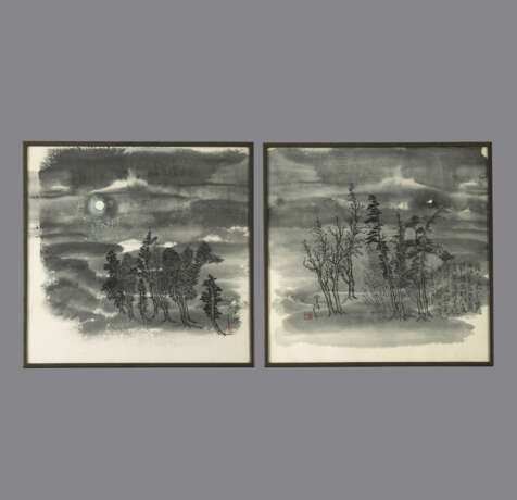Zwei Landschaftsdarstellungen, Tusche und Farben auf Papier, unter Glas gerahmt - photo 1