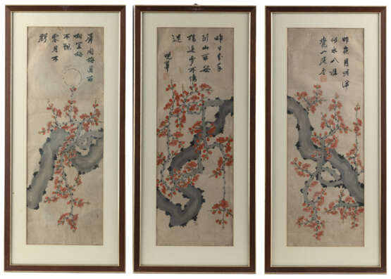 Triptychon mit Darstellung eines blühenden Prunus-Asts unter Vollmond. Tusche und Farbe auf Papier - Foto 1