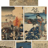 Sechs gerahmte Farbholzschnitte und Buchseiten, u. a. sign. Hiroshige - photo 1