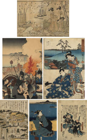Sechs gerahmte Farbholzschnitte und Buchseiten, u. a. sign. Hiroshige - Foto 1
