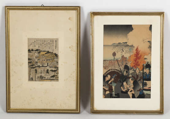 Sechs gerahmte Farbholzschnitte und Buchseiten, u. a. sign. Hiroshige - photo 2