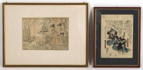 Sechs gerahmte Farbholzschnitte und Buchseiten, u. a. sign. Hiroshige - Foto 4