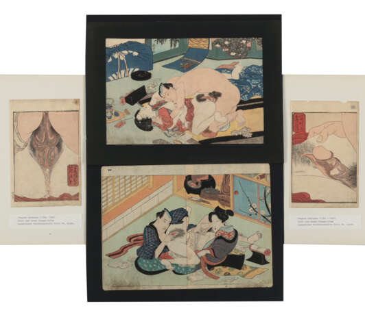 Zwei Buchseiten (Utagawa Kunisada) aus einem Shunga-Album und zwei Doppelbuchseiten mit erotischen Darstellungen - фото 1