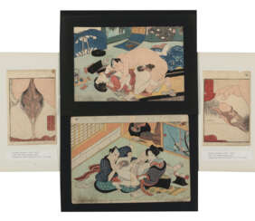 Zwei Buchseiten (Utagawa Kunisada) aus einem Shunga-Album und zwei Doppelbuchseiten mit erotischen Darstellungen