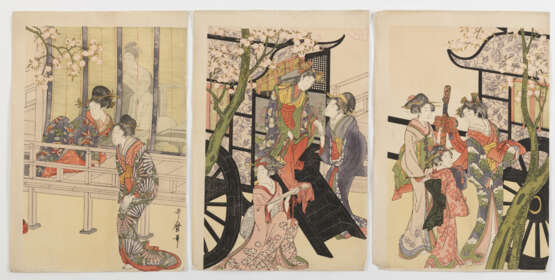 Diverse Farbholzschnittkünstler: Zwei Triptychons u.a. von Kitagawa Utamaro (1753-1806) und sechs Drucke mit Tierdarstellungen - фото 1