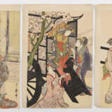 Diverse Farbholzschnittkünstler: Zwei Triptychons u.a. von Kitagawa Utamaro (1753-1806) und sechs Drucke mit Tierdarstellungen - фото 1