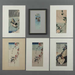 Sechs Farbholzschnitte und Nachdrucke mit Darstellungen von diversen Vögeln von diversen Künstlern, u.a. Hiroshige, Hokusai und Koson