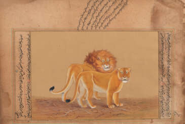 Zwei Buchseiten mit Kalligraphie und Gouachen eines stehenden Löwenpaares und eines liegenden Tigers
