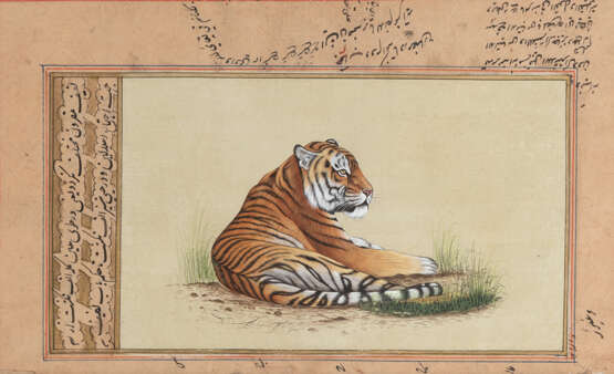 Zwei Buchseiten mit Kalligraphie und Gouachen eines stehenden Löwenpaares und eines liegenden Tigers - photo 2