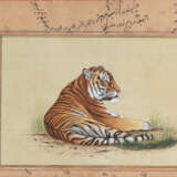 Zwei Buchseiten mit Kalligraphie und Gouachen eines stehenden Löwenpaares und eines liegenden Tigers - фото 2