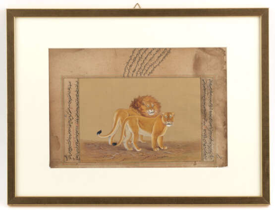 Zwei Buchseiten mit Kalligraphie und Gouachen eines stehenden Löwenpaares und eines liegenden Tigers - Foto 3