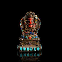 Miniaturschrein mit Darstellung des Ganesha aus Silber partiell mit Halbedelsteinen eingelegt