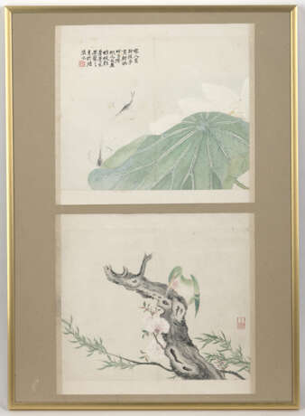 Paar Albumblätter mit Darstellung von Lotos und Garnelen bzw. Vogel auf blühendem Pfirsichbaum - Foto 4