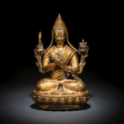 Feuervergoldete Bronze des Tsongkhapa auf einem Lotus