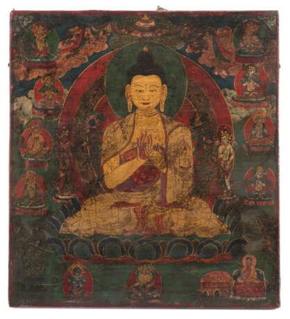 Votivtafel aus Holz mit polychromer Malerei des Buddha Shakyamuni - Foto 1
