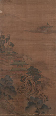 Landschaft mit Palastgebäude im Stil von Qiu Ying. Tusche und Farbe auf Seide - Foto 1