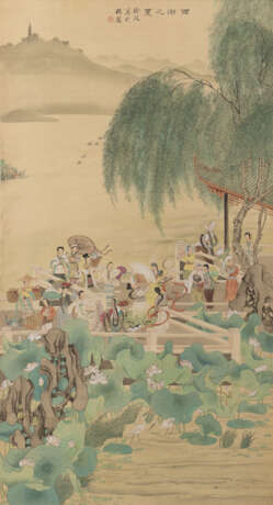 Malerei einer Sommerszene am Westsee mit tanzenden Damen verschiedener Volksstämme. Tusche und Farben auf Seide, montiert als Hängerolle - photo 1