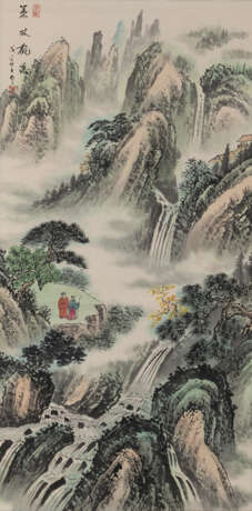 Zwei Malereien auf Papier: Zwei Gelehrte in einer gebirgen Landschaft mit Wasserfall bzw. Flusslandschaft - Foto 1