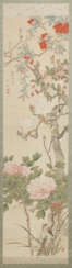 Neujahrsbild mit Blumenzweigen und Bambus nach Xie Zhiliu und eine japanische Seidenmalerei mit Frühlingsblumen