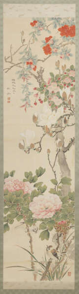 Neujahrsbild mit Blumenzweigen und Bambus nach Xie Zhiliu und eine japanische Seidenmalerei mit Frühlingsblumen - фото 1