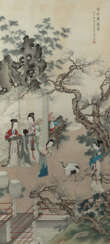 Huang Jun (1914-2011): Musizierende und tanzende Damen mit Kranich im Garten. Tusche und Farben auf Papier