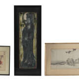 Drei gerahmte Bilder: Stehende Guanyin, Holzschnitt mit Fukurokuju und Knaben und kleines Albumblatt - photo 1