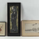Drei gerahmte Bilder: Stehende Guanyin, Holzschnitt mit Fukurokuju und Knaben und kleines Albumblatt - Foto 2