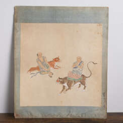 Drei Albumblätter mit Malereien von Luohan und mythischen Kreaturen