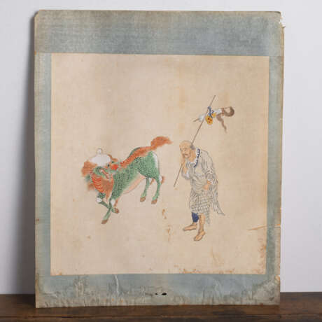Drei Albumblätter mit Malereien von Luohan und mythischen Kreaturen - photo 3