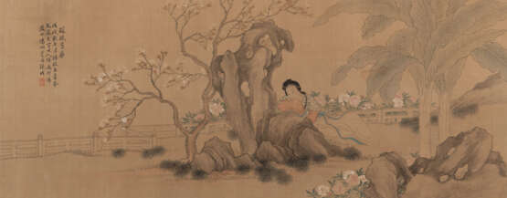 Zhang Cheng (1869-1922): Ruhende Dame im Garten mit Pfingstrosen, im Stil von Gai Qi. Tusche und Farben auf Seide - Foto 1