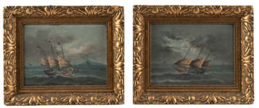 Zwei fast spiegelverkehrte Malereien mit Dschunken auf hoher See
