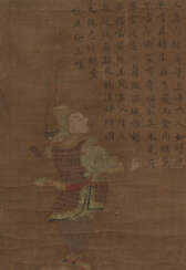 Zwei Malereien: Krieger mit Bogen und langer Aufschrift bzw. Mohn mit Glyzine, sign. Qingyu Nüshi (Yun Bing, aktiv Qianlong bis Daoguang)