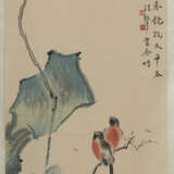 Hängerolle mit Farbholzschnitt ('mu ban shui yin') von Drei Singvögeln auf blühendem Zweig - photo 1