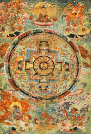 Neunfaches Mandala des „Buddha des Langen Lebens“ - Amitayus. Gouache auf Seide, originale Seidensatin-Einfassung - photo 1