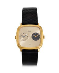 PIAGET, REF. 612773, AN 18K YELLOW GOLD CUSHION-SHAPED DUAL-TIME WRISTWATCH WITH TWO INDEPENDENT MOVEMENTS