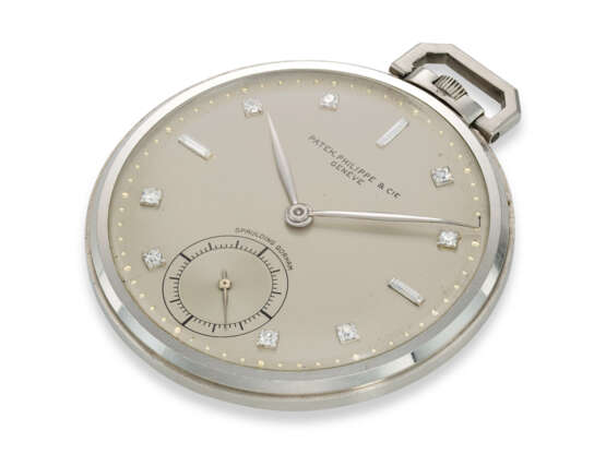 PATEK PHILIPPE RETAILED BY SPAULDING GORHAM, REF. 600, A FINE PLATINUM AND DIAMOND-SET POCKET WATCH WITH SUBSIDIARY SECONDS - photo 2