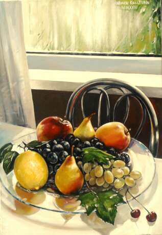 “Group portrait of fruit on a platter on a rainy day” Canvas Oil paint Realist Still life 2018 - photo 1