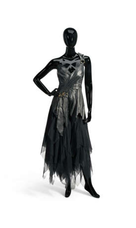 A BLACK LEATHER ONE-SHOULDER TOP AND BLACK TULLE SKIRT - photo 1