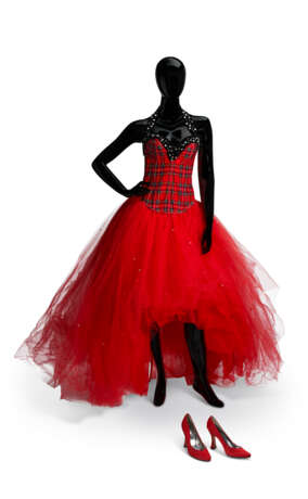 A PLAID AND RED TULLE EVENING DRESS WITH BLACK VELVET HALTER NECKLINE AND RHINESTONE DETAILS - фото 1