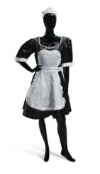 A BLACK GLITTERED POLYESTER MAID DRESS WITH ATTACHED WHITE TULLE APRON AND WHITE TULLE AND LACE HAT