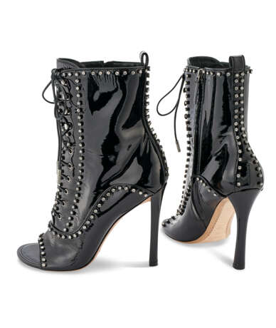 TWO PAIRS OF BLACK PEEP TOE HIGH HEEL ANKLE BOOTS AND A BLACK CASHMERE SCARF - фото 3